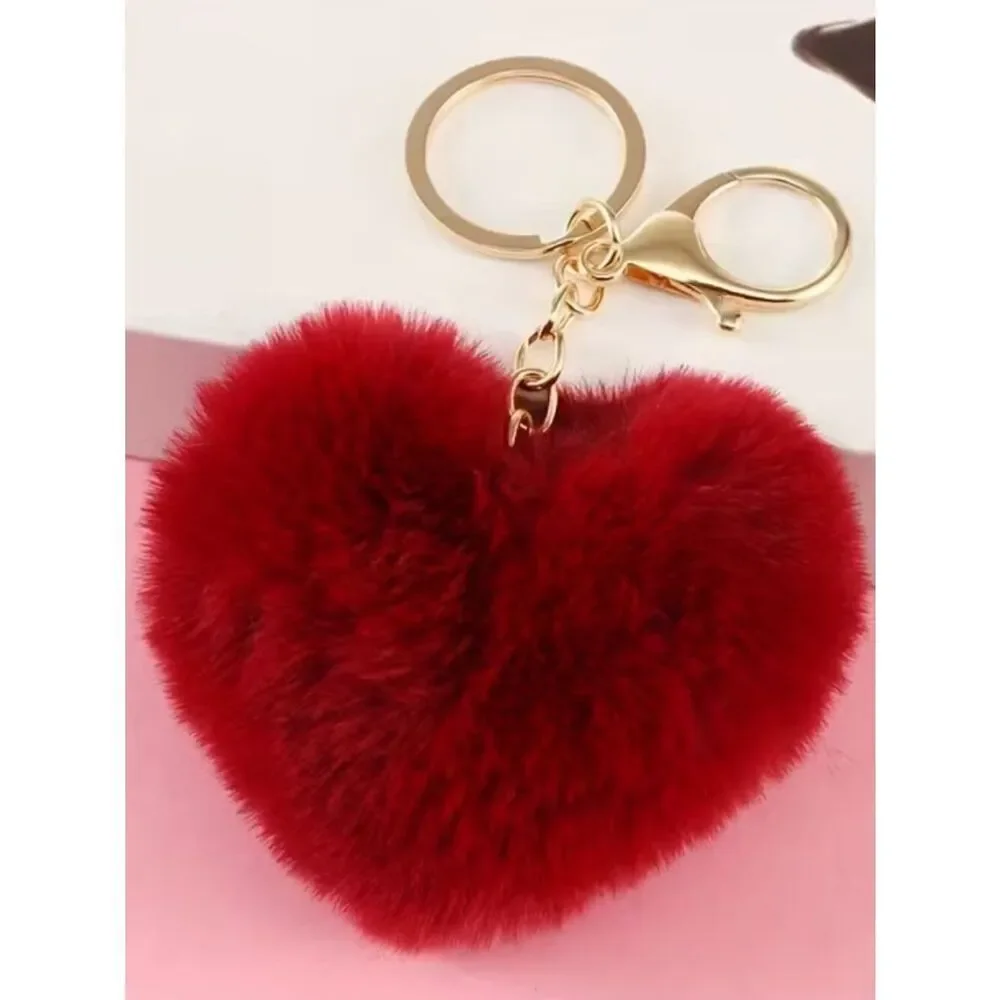 Plush Red Heart Keychain Fluffy Bag Charm Heart Shaped Purse Charm Golden Metal